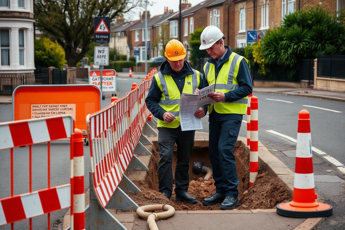 Utility streetworks site with barriers and signage