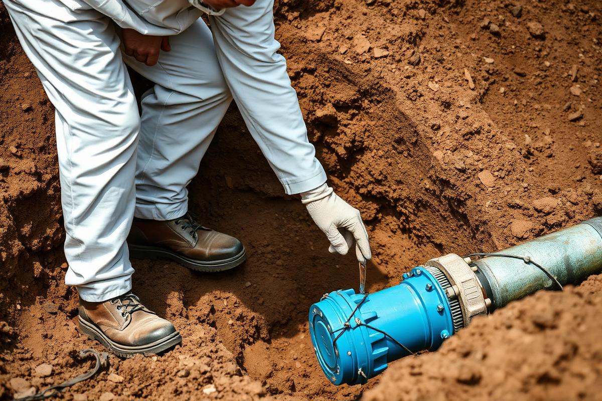 Engineer in clean coveralls working on a drinking water main
