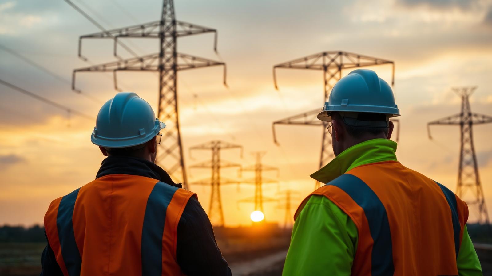 Utility workers at sunset